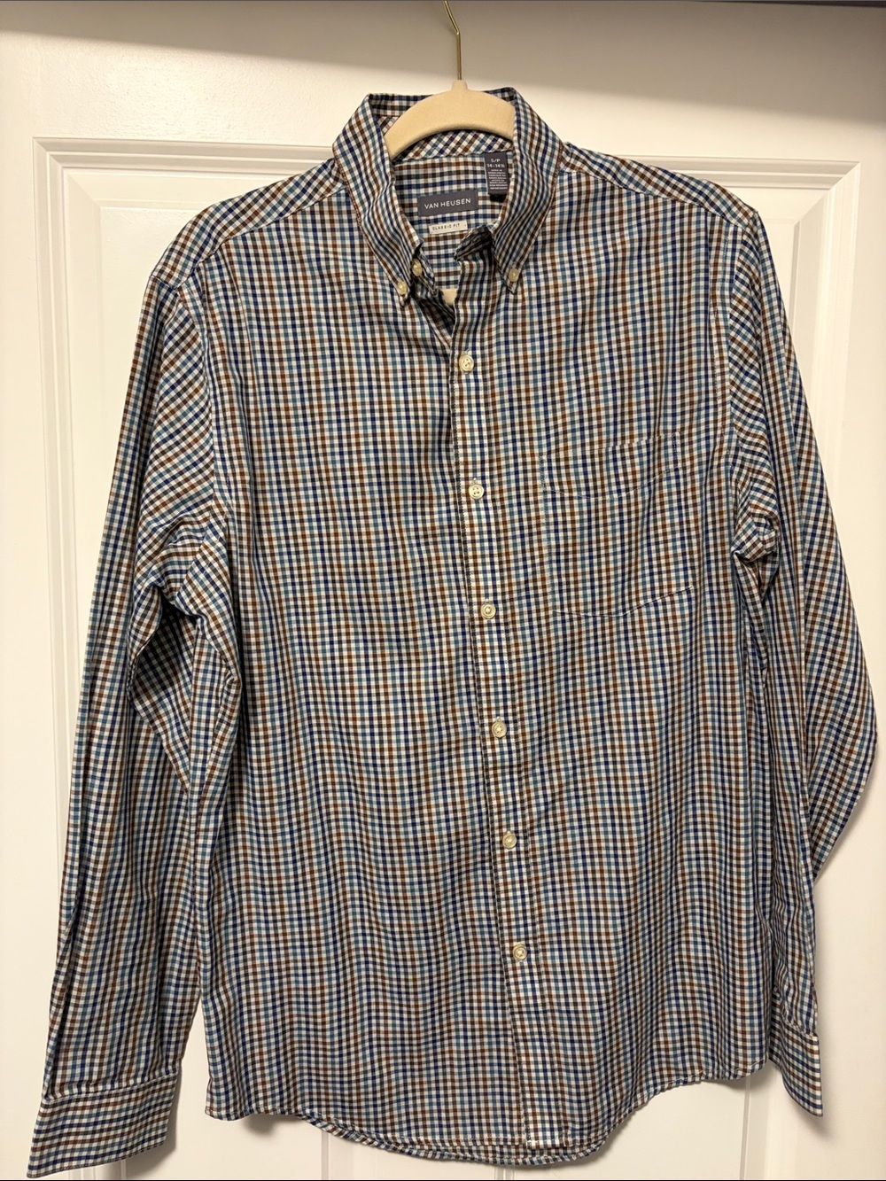 Van Heusen Blue and Brown Gingham Button-Down Shirt